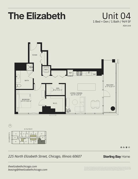 Floor plan for 1 bed, 1 bath, 969 sqft